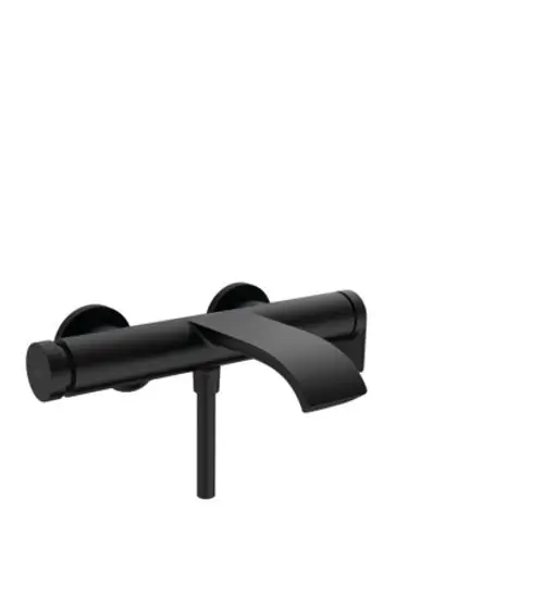 Hansgrohe-Mischer in mattem Schwarz mit einer geschwungenen Auslaufdüse und zwei runden Bedienknöpfen, geeignet für die Wandmontage.